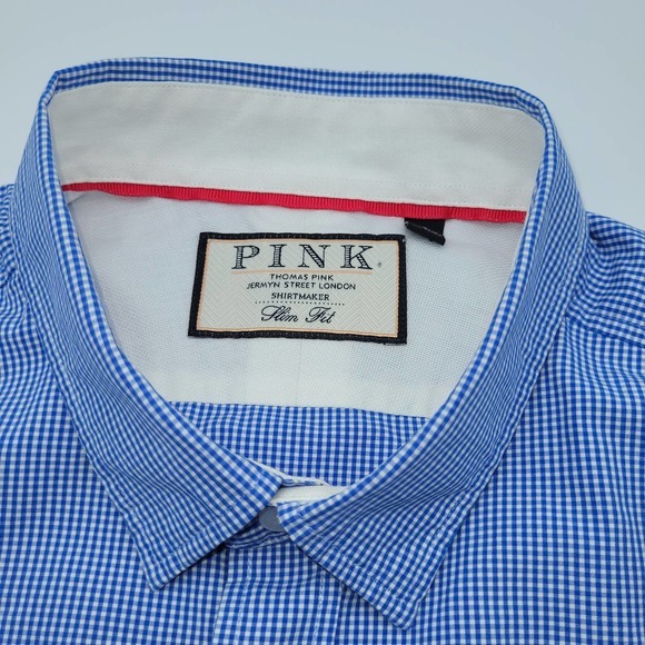 PINK Men's Shirt Slim Fit Blue and White Check  Size L‎ - Picture 2 of 4